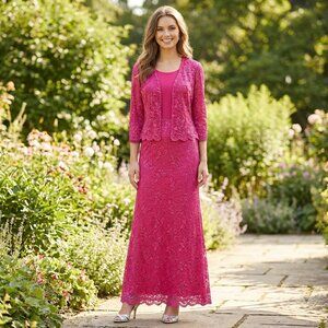 Fanny #1512 Floor Length Jersey & Lace MOB MOG Gown-Size S, XL-FUCHSIA-NEW